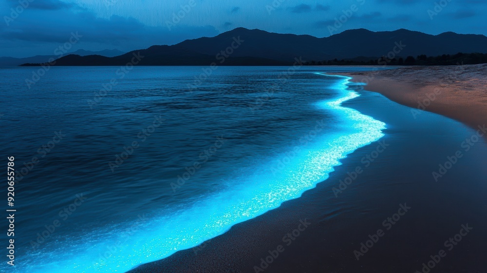 Fototapeta premium Bioluminescent Waves on a Tranquil Beach at Night with Mountainous Horizon and Cloudy Sky