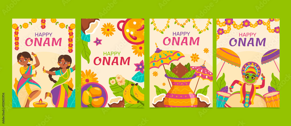 Hand drawn flat happy onam vertical cards set Hand drawn flat happy onam vertical cards set