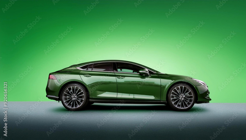 luxury green car on the road with green light and green background
