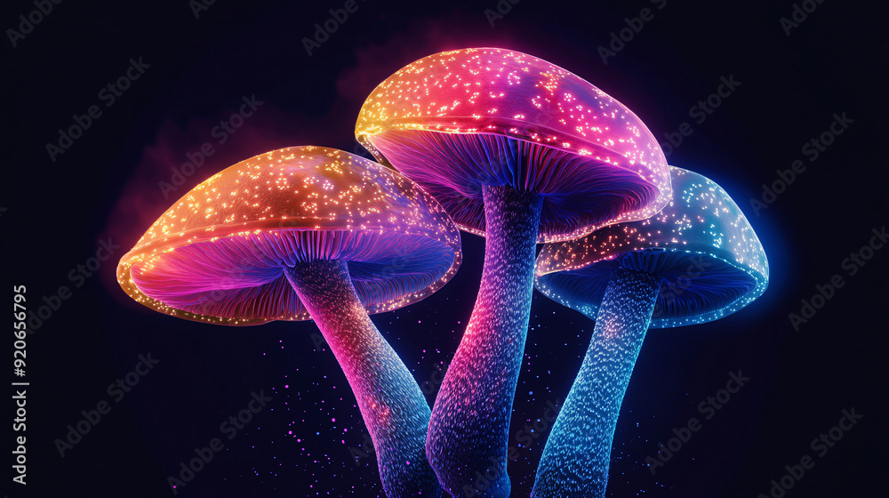 A family of magic mushrooms glowing with neon light on a black background, surreal lamellar mushroom, fantasy illustration for banner, poster, cover, brochure or presentation. A family of magic mushrooms glowing with neon light on a black background, surreal lamellar mushroom, fantasy illustration for banner, poster, cover, brochure or presentation.