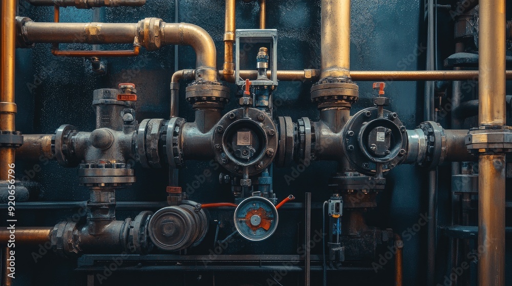 Industrial mechanical room with interconnected pipes and valves, highlighting the heart of operational machinery. Industrial mechanical room with interconnected pipes and valves, highlighting the heart of operational machinery.