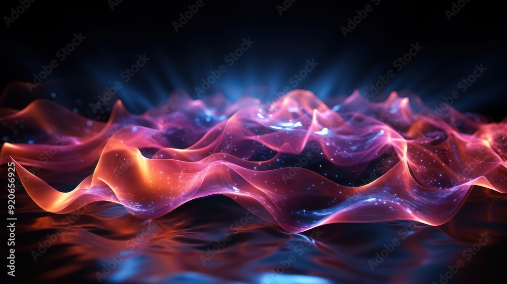 Obraz premium Vibrant, abstract composition with flowing, wavy lines in shades of pink, purple, and blue, illuminated with small sparkling particles. Fluidity, motion, and the blending of digital and organic forms.