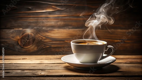 Close up of a steaming cup of coffee on a wooden table