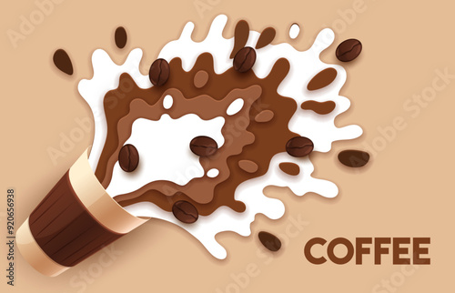 Paper cut coffee cup with milk cream splash, vector 3d hot drink poster. Cappuccino spilling out of takeaway coffee paper cup with 3d papercut flow wave layers, roasted beans, brown and white drops