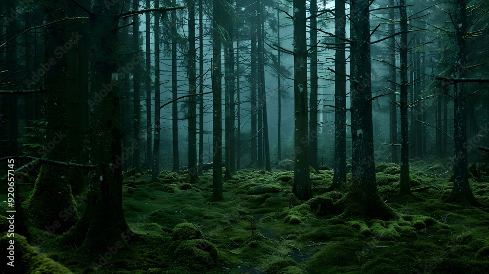 Fototapeta premium Overcast and Gloomy Rainy Day in a Foggy, Primal Forest