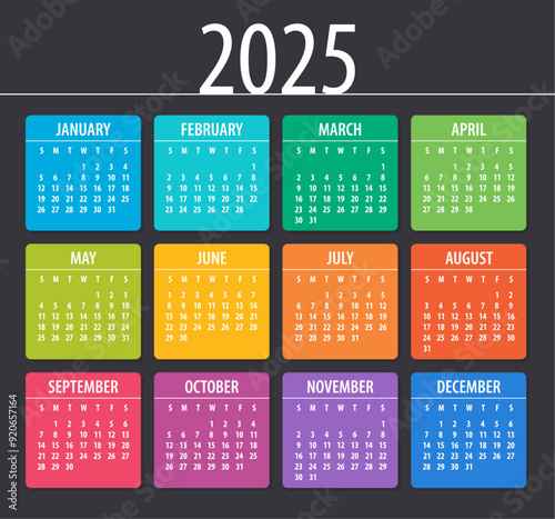 2025 Calendar Color illustration - Template - Mock up - Week starts Sunday