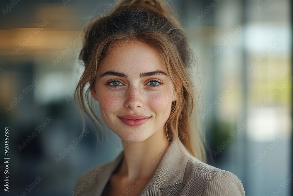 Young happy businesswoman in office looking at camera, Generative AI Young happy businesswoman in office looking at camera, Generative AI