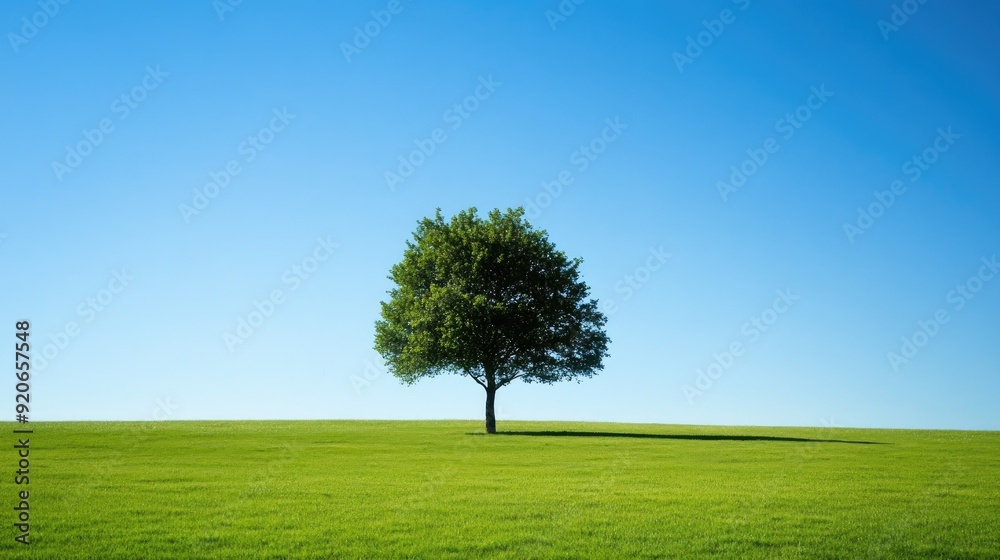 Lone tree in a wide green meadow beneath a clear blue sky, showcasing the serenity of the natural world. Lone tree in a wide green meadow beneath a clear blue sky, showcasing the serenity of the natural world.