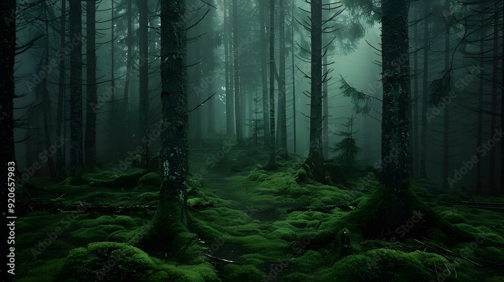 Fototapeta premium Overcast and Gloomy Rainy Day in a Foggy, Primal Forest