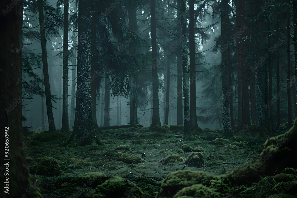 Obraz premium Overcast and Gloomy Rainy Day in a Foggy, Primal Forest