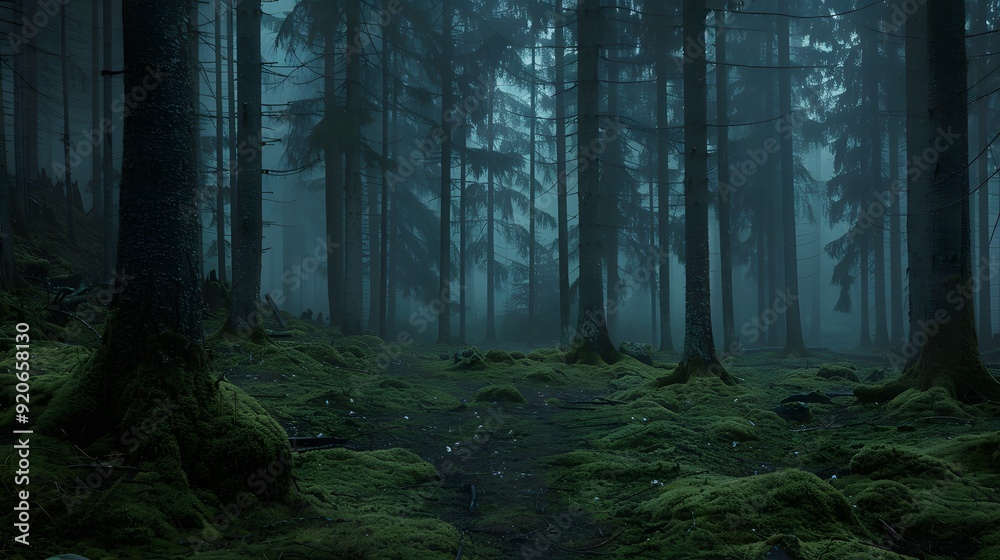 Obraz premium Overcast and Gloomy Rainy Day in a Foggy, Primal Forest