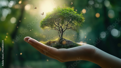 Natur in den Händen halten Baum wächst aus Handfläche heraus grün Generative AI