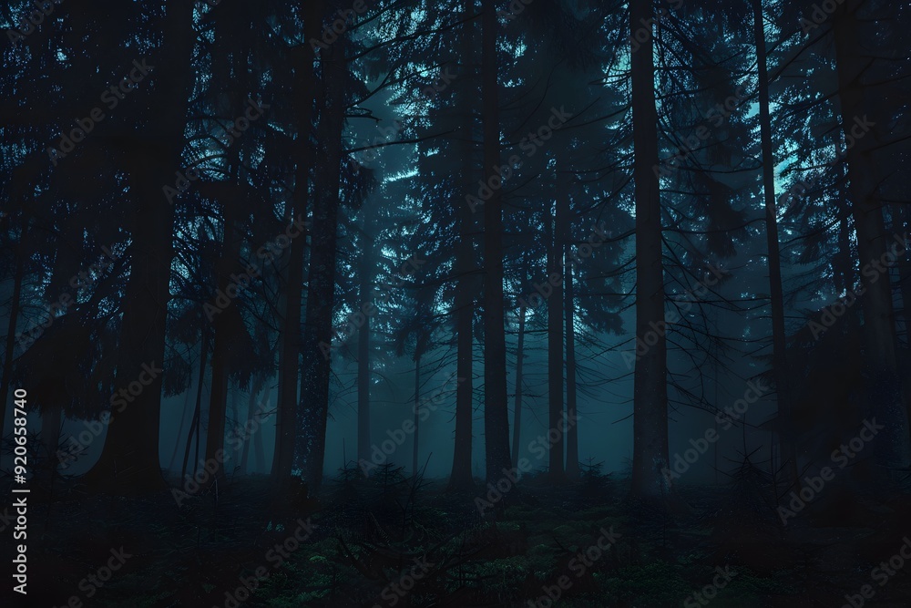 Obraz premium Overcast and Gloomy Rainy Day in a Foggy, Primal Forest