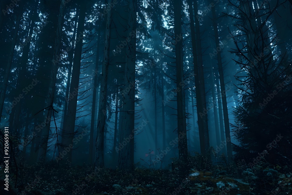 Obraz premium Overcast and Gloomy Rainy Day in a Foggy, Primal Forest