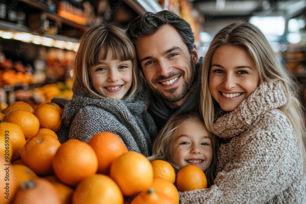Portrait of happy family shopping in supermarket and looking at camera, Generative AI Portrait of happy family shopping in supermarket and looking at camera, Generative AI