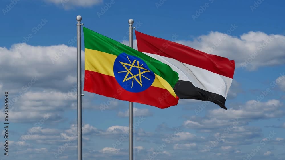 Yemen and Ethiopia flags flying together, video concept of the relationship, two country cooperation concept Yemen and Ethiopia flags flying together, video concept of the relationship, two country cooperation concept