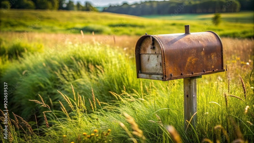 Rusty mailbox in a field surrounded by grass and weeds Rusty mailbox in a field surrounded by grass and weeds