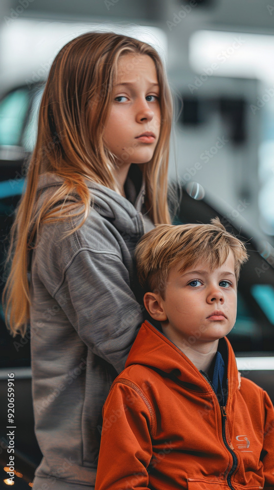 Bored Child with Mother in Car Showroom Office Bored Child with Mother in Car Showroom Office