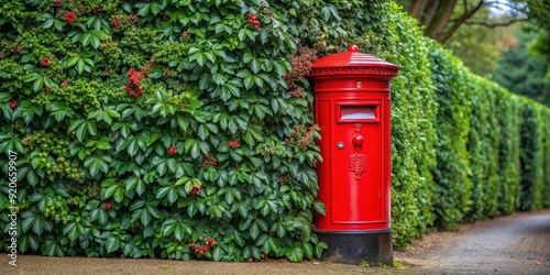 British red post box standing in front of a lush holly hedge row photo