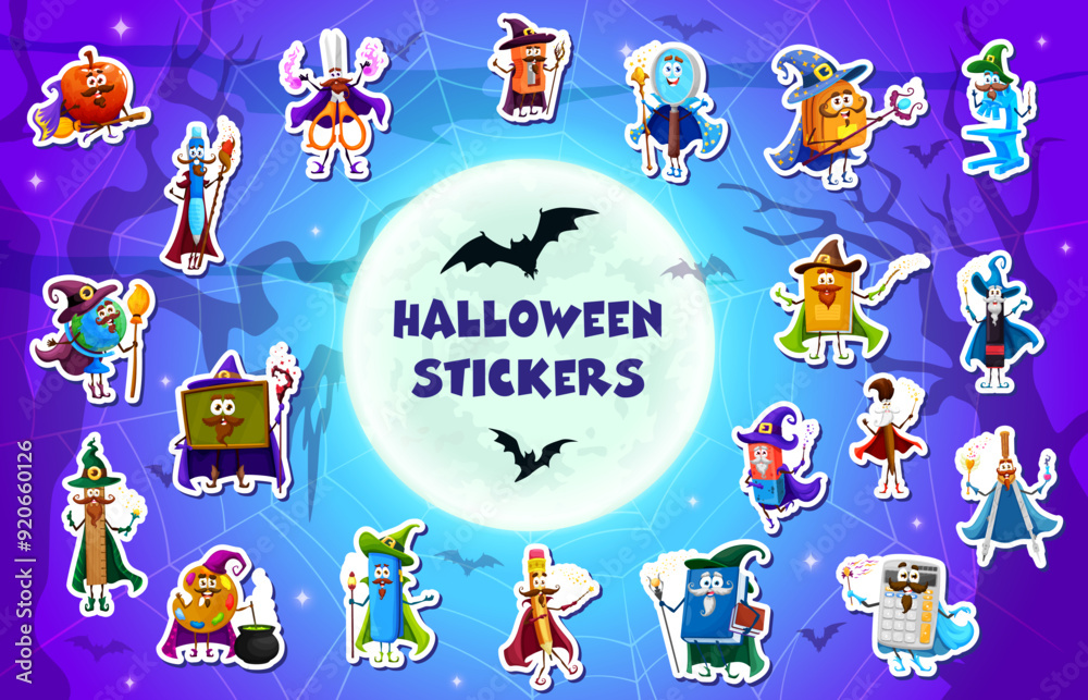 Fototapeta premium Halloween school characters stickers pack of stationery witch, wizard, fairy and mage, vector Halloween holiday. Cartoon magic personages of cute book, pencil, bag and pen, Halloween school supplies