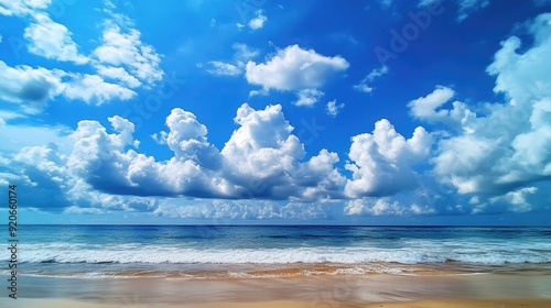 Abstract cloud formations in a blue sky over a tropical beach. Summer getaway perfection.