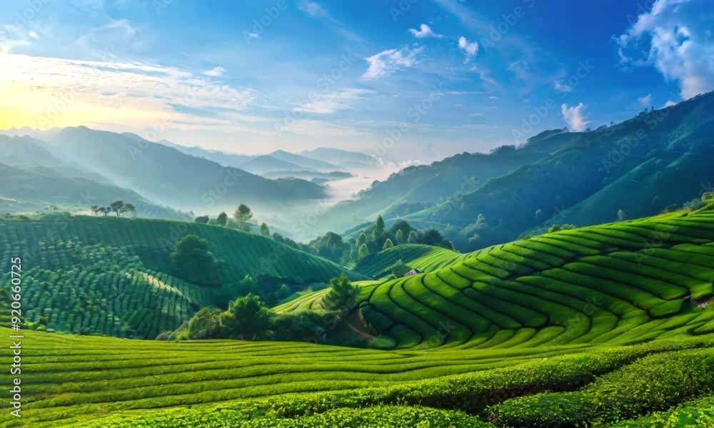 A picturesque landscape of rolling green hills with tea plantations, with mountains and mist in the background under a bright blue sky A picturesque landscape of rolling green hills with tea plantations, with mountains and mist in the background under a bright blue sky