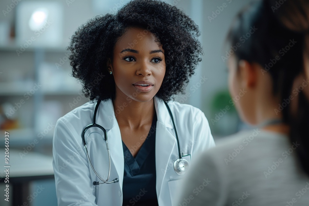Black female doctor talking to woman during medical appointment in hospital, Generative AI