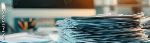Wallpaper Mural A closeup of a disorganized pile of documents and reports, some pages slightly crumpled, with a background of office supplies and a computer monitor Torontodigital.ca