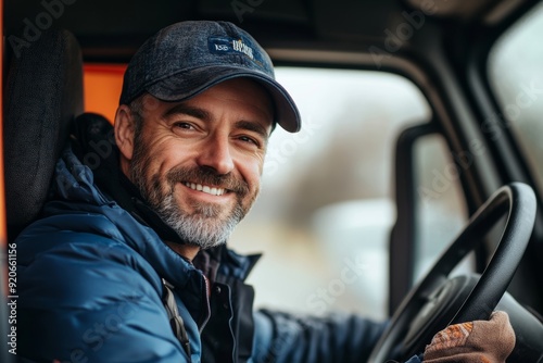 Happy professional driver entering in truck cabin and looking at camera, Generative AI