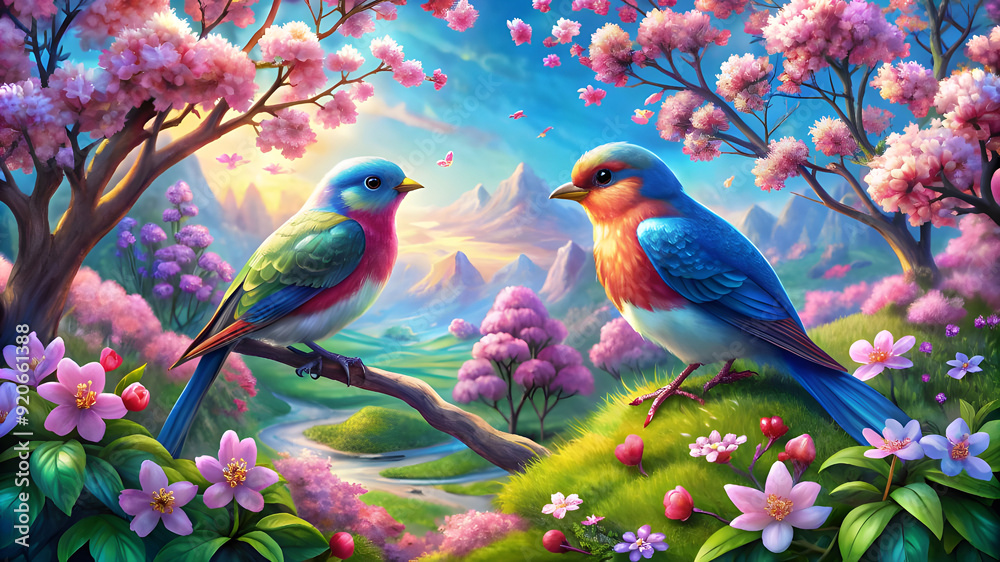 create-an illustration of a serene garden love birds scene create-an illustration of a serene garden love birds scene