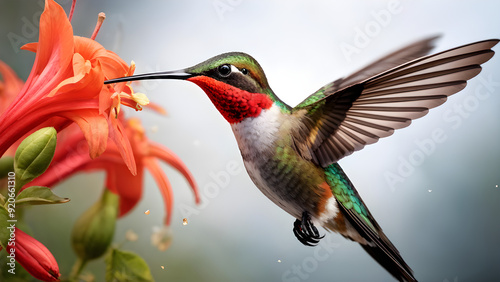 A ruby-throated hummingbird hovering while drinking nectar from an orange trumpet vine bloom