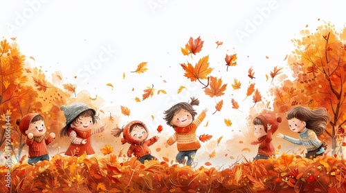 Children joyfully play in a pile of autumn leaves, surrounded by vibrant fall foliage.