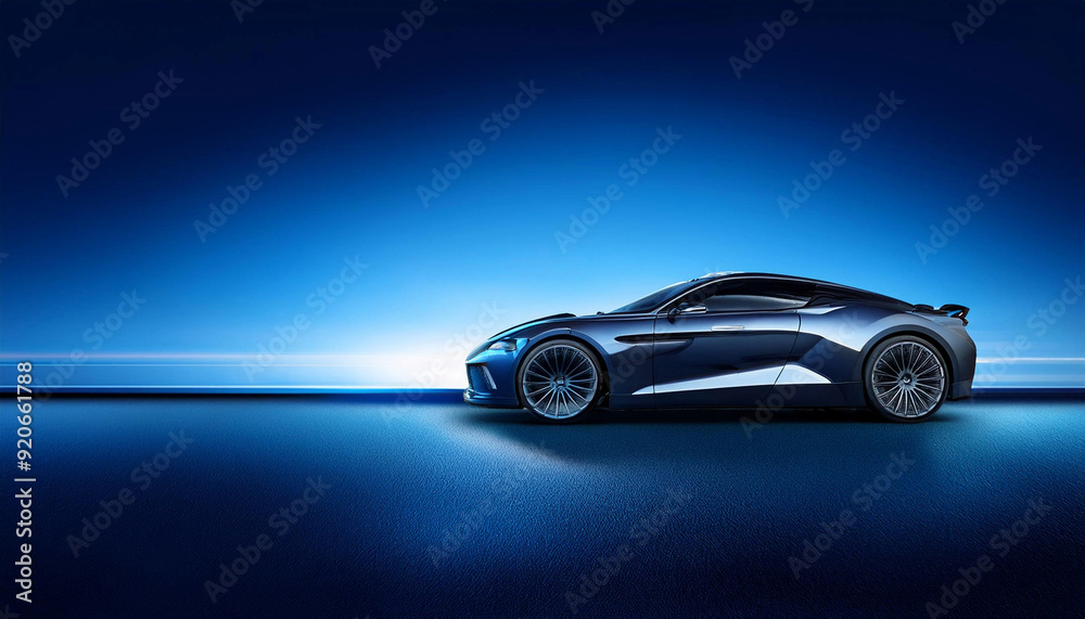 A Car on a blue Background: Luxury Expensive Blue Car with Shiny Clean Lines A Car on a blue Background: Luxury Expensive Blue Car with Shiny Clean Lines