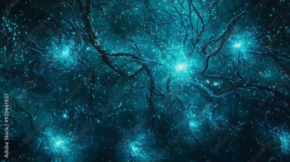 Fototapeta premium A dark, ethereal landscape with glowing nodes and intricate branches resembling neural connections.