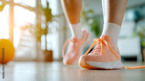 A close-up of a person wearing stylish orange sneakers while exercising indoors, showcasing comfort and modern design.