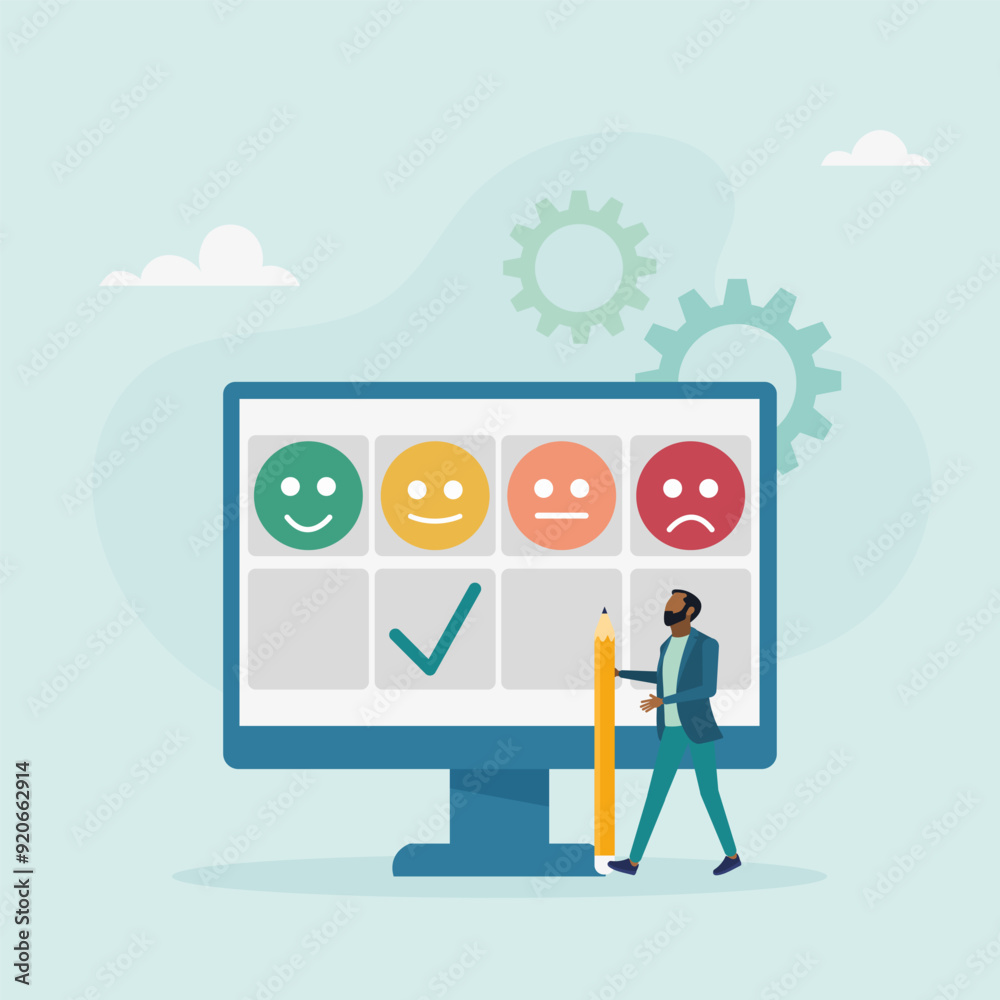 Mood concept. Emotions are scaled on a computer screen. Excellent, good and normal, bad and terrible. Vector illustration. Mood concept. Emotions are scaled on a computer screen. Excellent, good and normal, bad and terrible. Vector illustration.