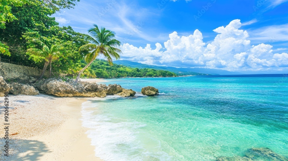 Fototapeta premium Beautiful beach in Jamaica with swaying palms and turquoise waters under a bright blue sky.