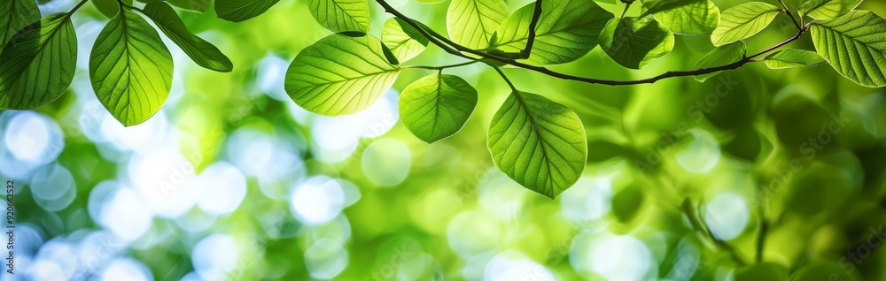 Naklejka premium A close-up view of vibrant green leaves against a bright background, symbolizing freshness, growth, and the beauty of nature.