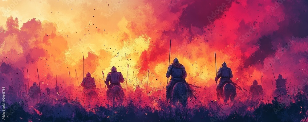 Epic medieval battle scene with knights on horseback against a fiery ...
