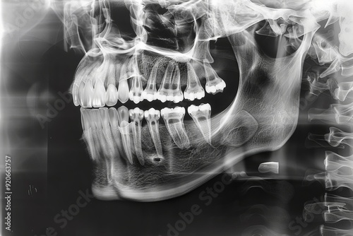 A detailed image of a dental X-ray displayed on a lightbox, showing the structure of teeth and jaw, in a clinical setting
