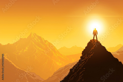 A solitary figure stands triumphantly atop a mountain peak during sunset, silhouetted against a glowing orange sky