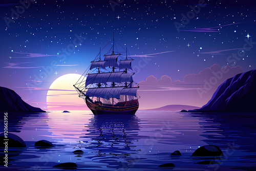 A majestic tall ship sails under a starry sky near calm waters at twilight with a glowing moon on the horizon