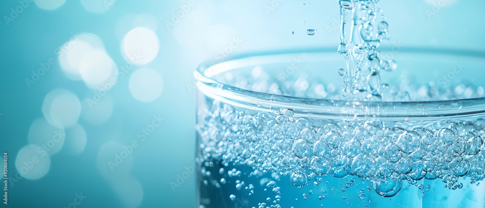 A refreshing glass of water with bubbles, capturing the essence of hydration and purity against a vibrant blue background. A refreshing glass of water with bubbles, capturing the essence of hydration and purity against a vibrant blue background.