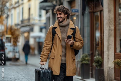 Happy traveler using mobile phone while walking with suitcase on street, Generative AI