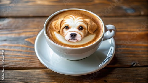 Close-up of a coffee latte with adorable dog puppy milk art, perfect for animal lovers and coffee enthusiasts photo