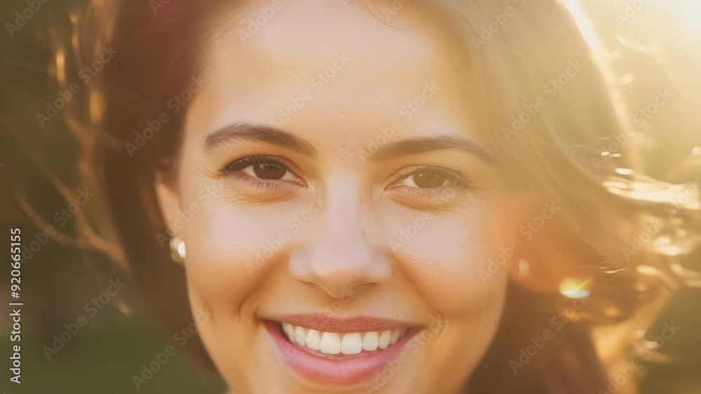 Young woman smiles happily in the sun, radiating joy and positivity outdoors