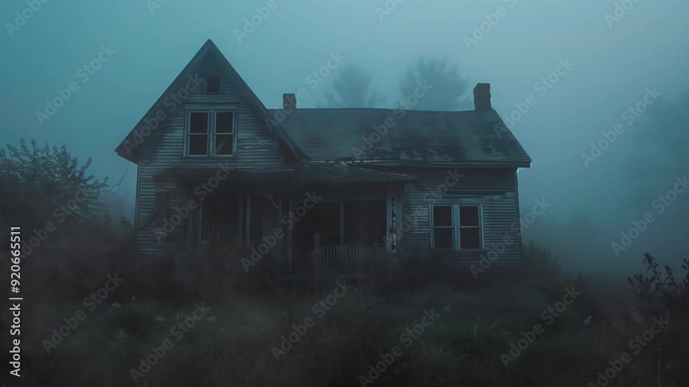A chilling exploration of an old, deserted house enveloped in dense fog, revealing its haunting charm and forgotten history, halloween mood A chilling exploration of an old, deserted house enveloped in dense fog, revealing its haunting charm and forgotten history, halloween mood