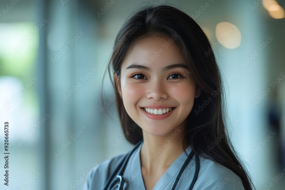 Happy Asian nursing student at medical university looking at camera, Generative AI Happy Asian nursing student at medical university looking at camera, Generative AI