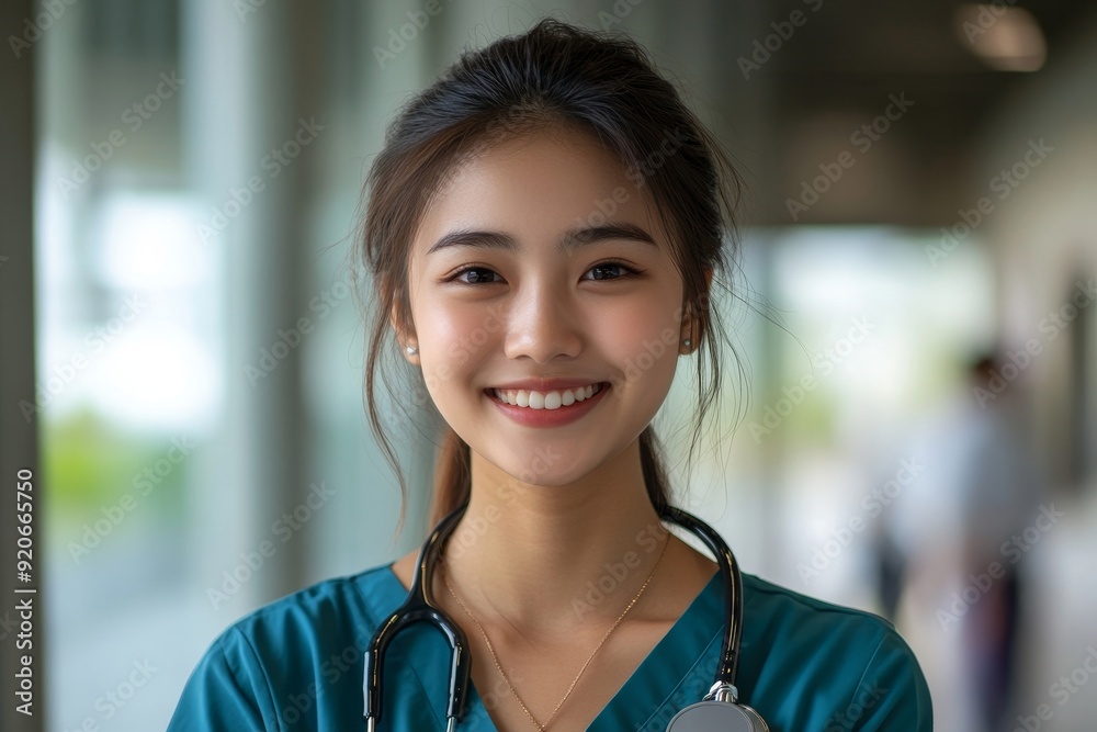 Happy Asian nursing student at medical university looking at camera, Generative AI Happy Asian nursing student at medical university looking at camera, Generative AI
