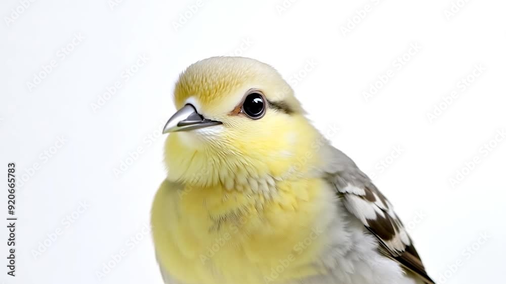 Close-up of a white-headed buffalo-weaver bird with bright yellow feathers on its chest perched in front of a white background Close-up of a white-headed buffalo-weaver bird with bright yellow feathers on its chest perched in front of a white background